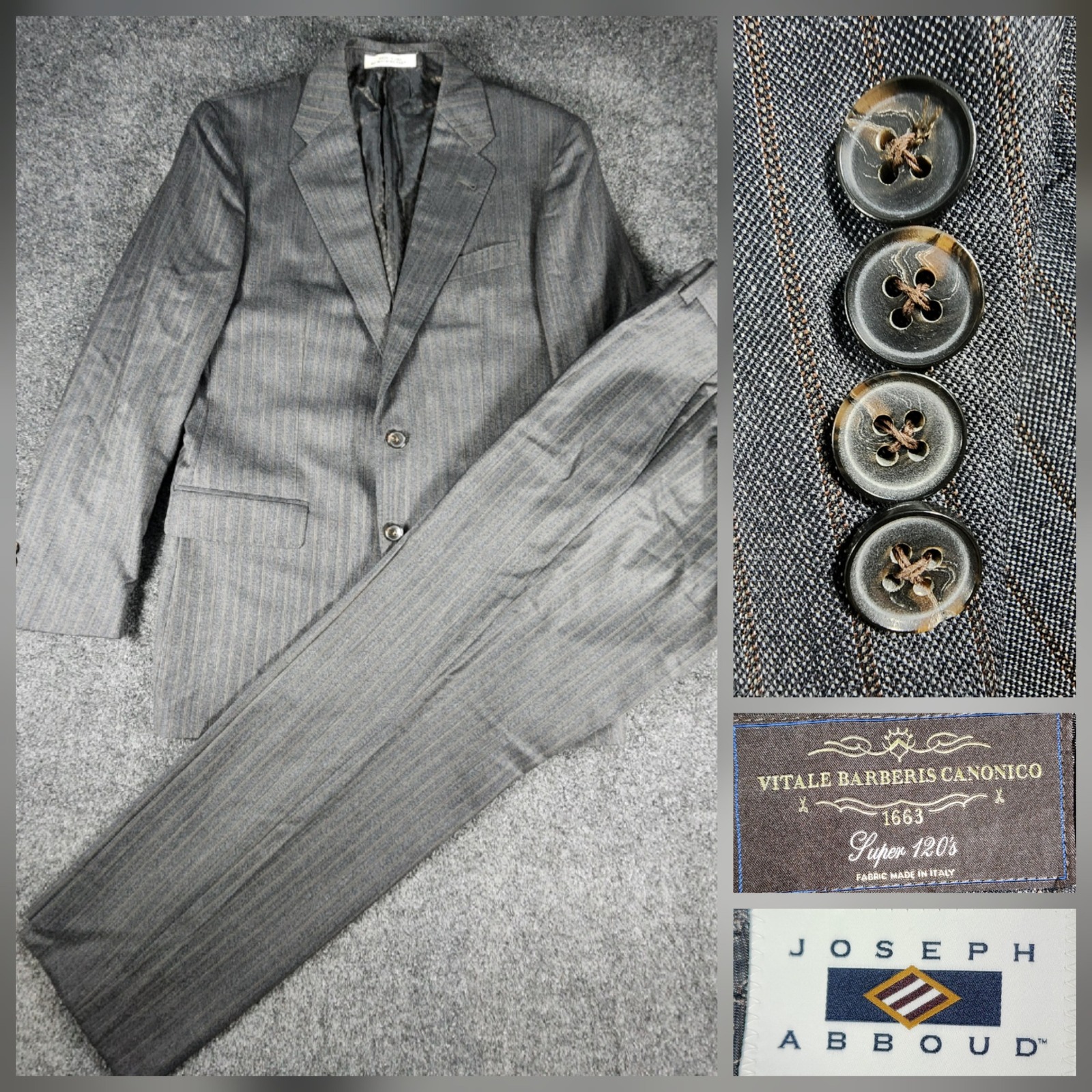 Joseph Abboud Vitale Barberis Canonico Wool 2pc Suit Mens 38r W30 Grey Pinstripe